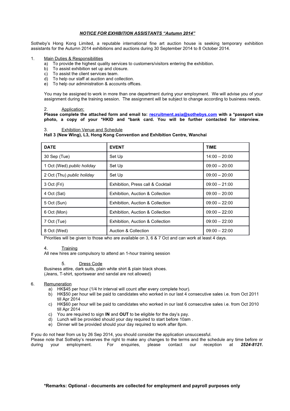 NOTICE for TEMPORARY EXHIBITION ASSISTANTS Spring 2008