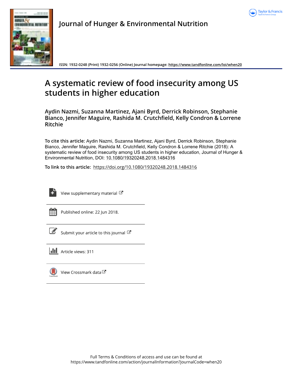 A Systematic Review of Food Insecurity Among US Students in Higher Education