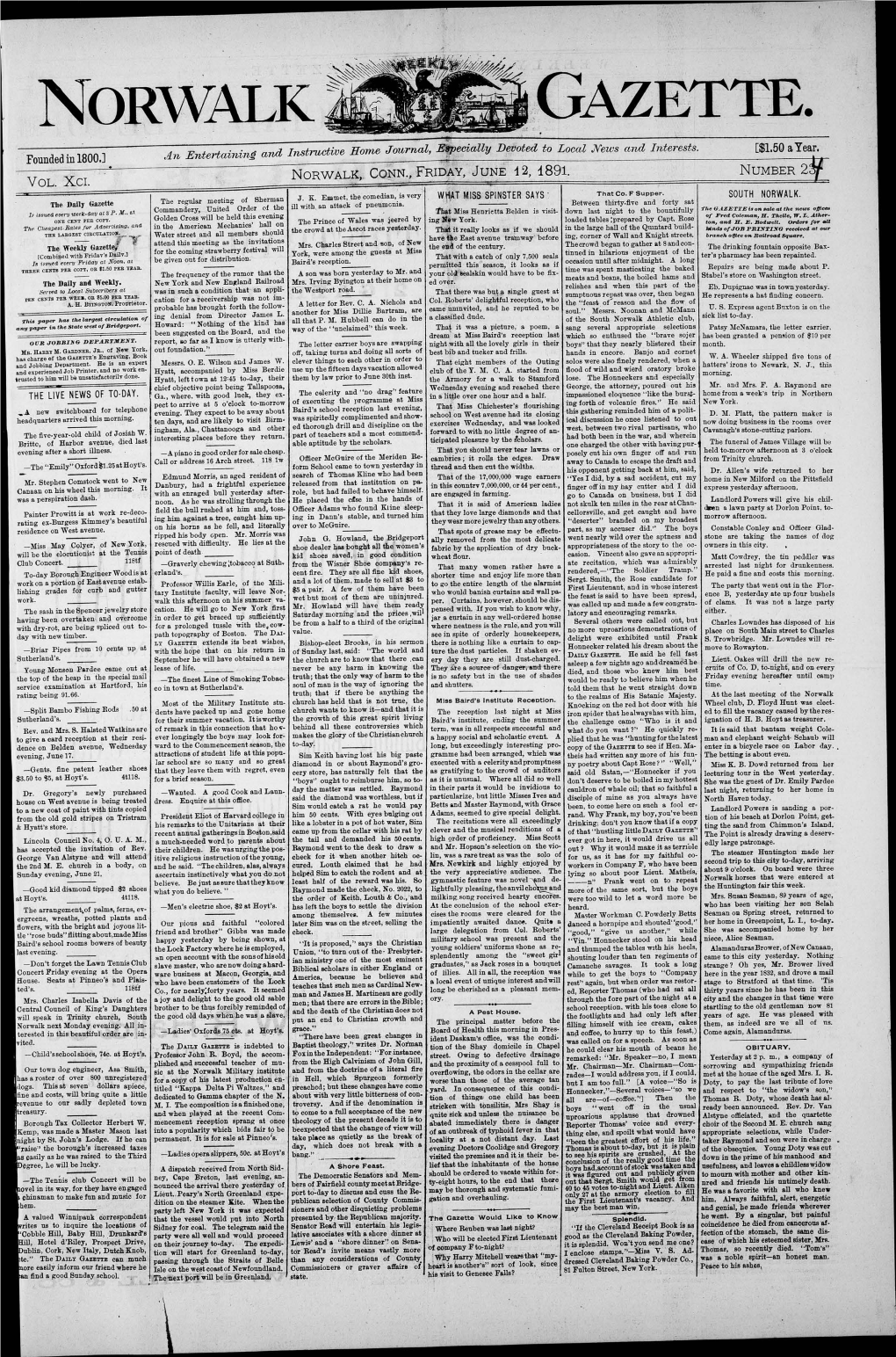 Number 2 Norwalk, Conn., Friday, June 12, 1891. Vol. Xci