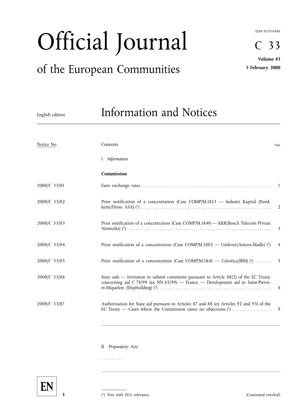 Official Journal C33 Volume 43 of the European Communities 5 February 2000