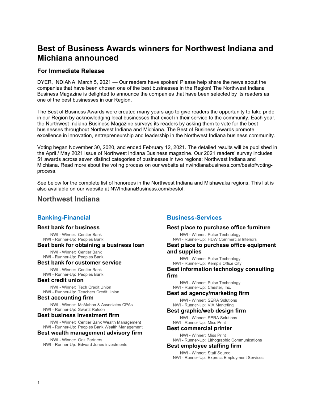 Best of Business Awards Winners for Northwest Indiana and Michiana Announced