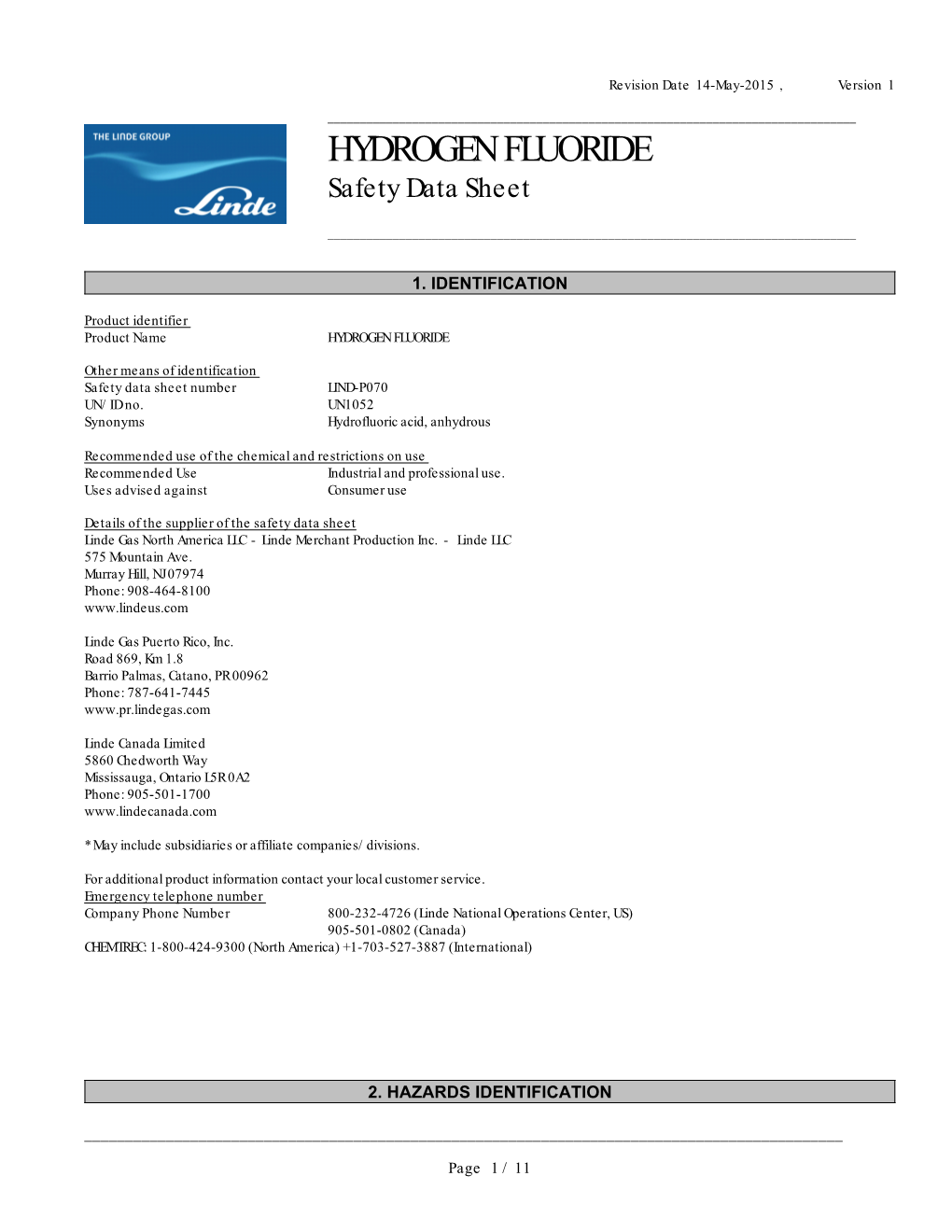 HYDROGEN FLUORIDE Safety Data Sheet