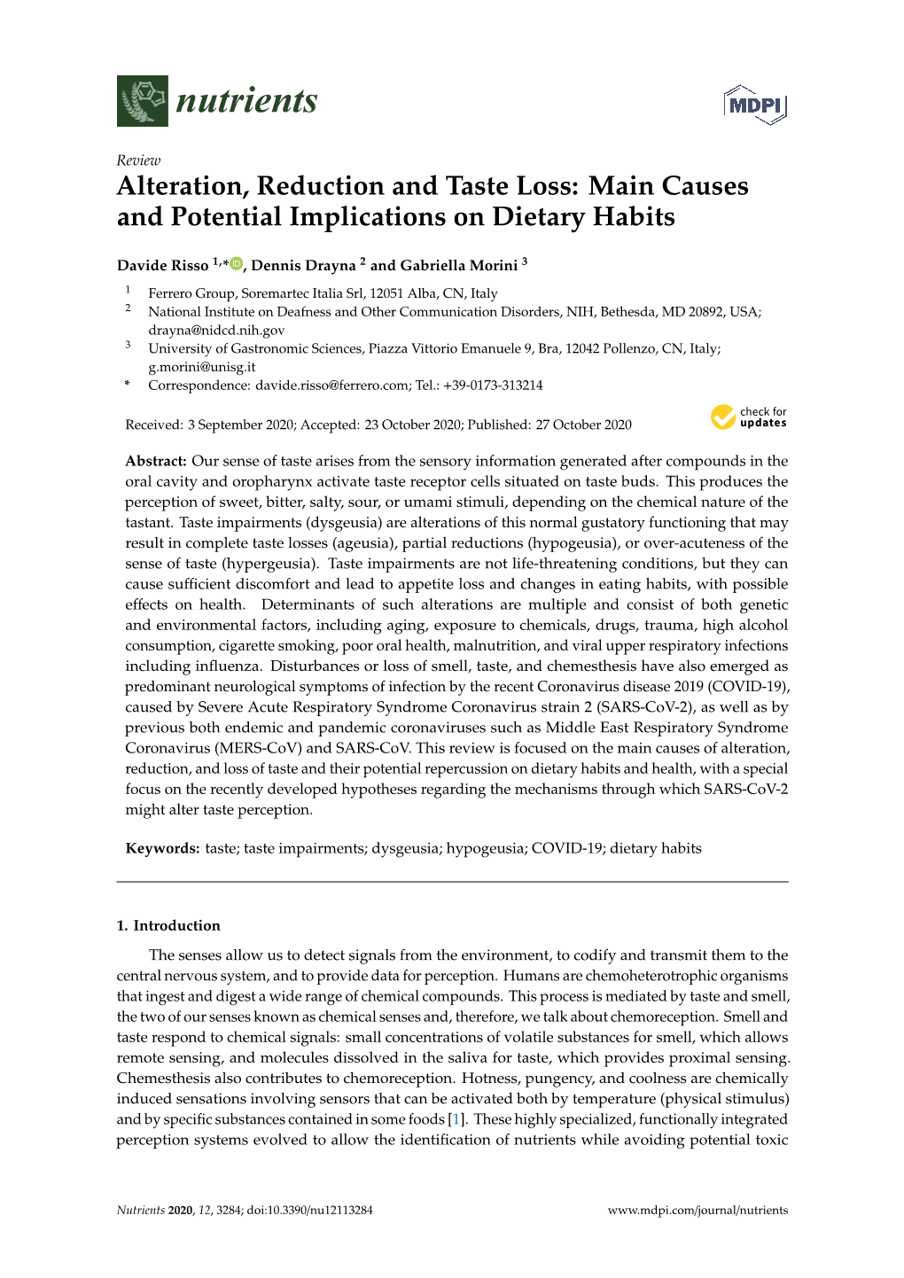 Alteration, Reduction and Taste Loss: Main Causes and Potential Implications on Dietary Habits