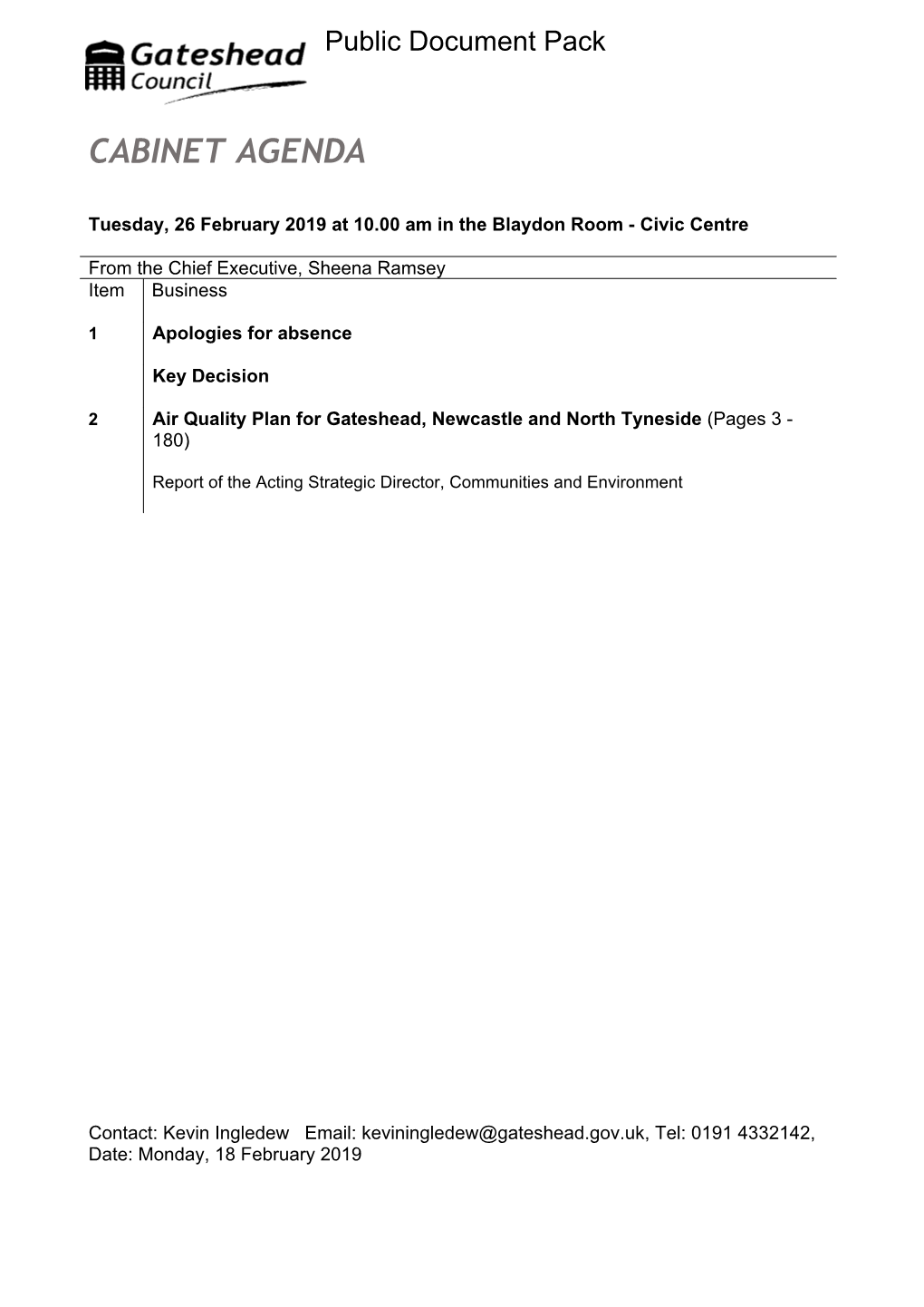 (Public Pack)Agenda Document for Cabinet, 26/02/2019 10:00