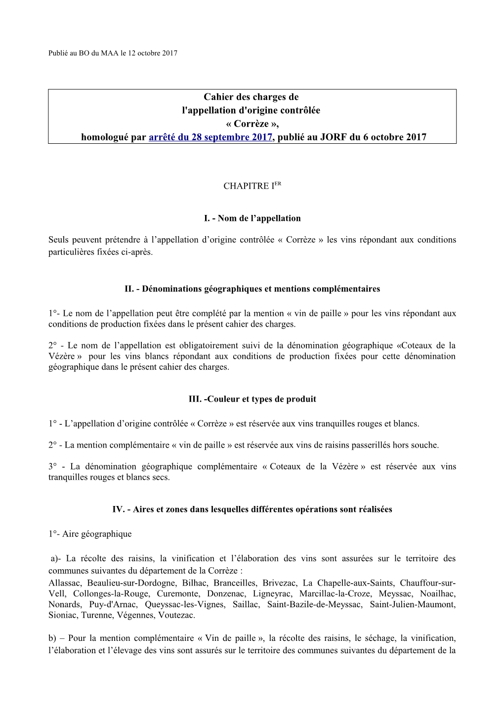 Cahier Des Charges De L'appellation D'origine Contrôlée « Corrèze », Homologué Par Arrêté Du 28 Septembre 2017, Publié Au JORF Du 6 Octobre 2017
