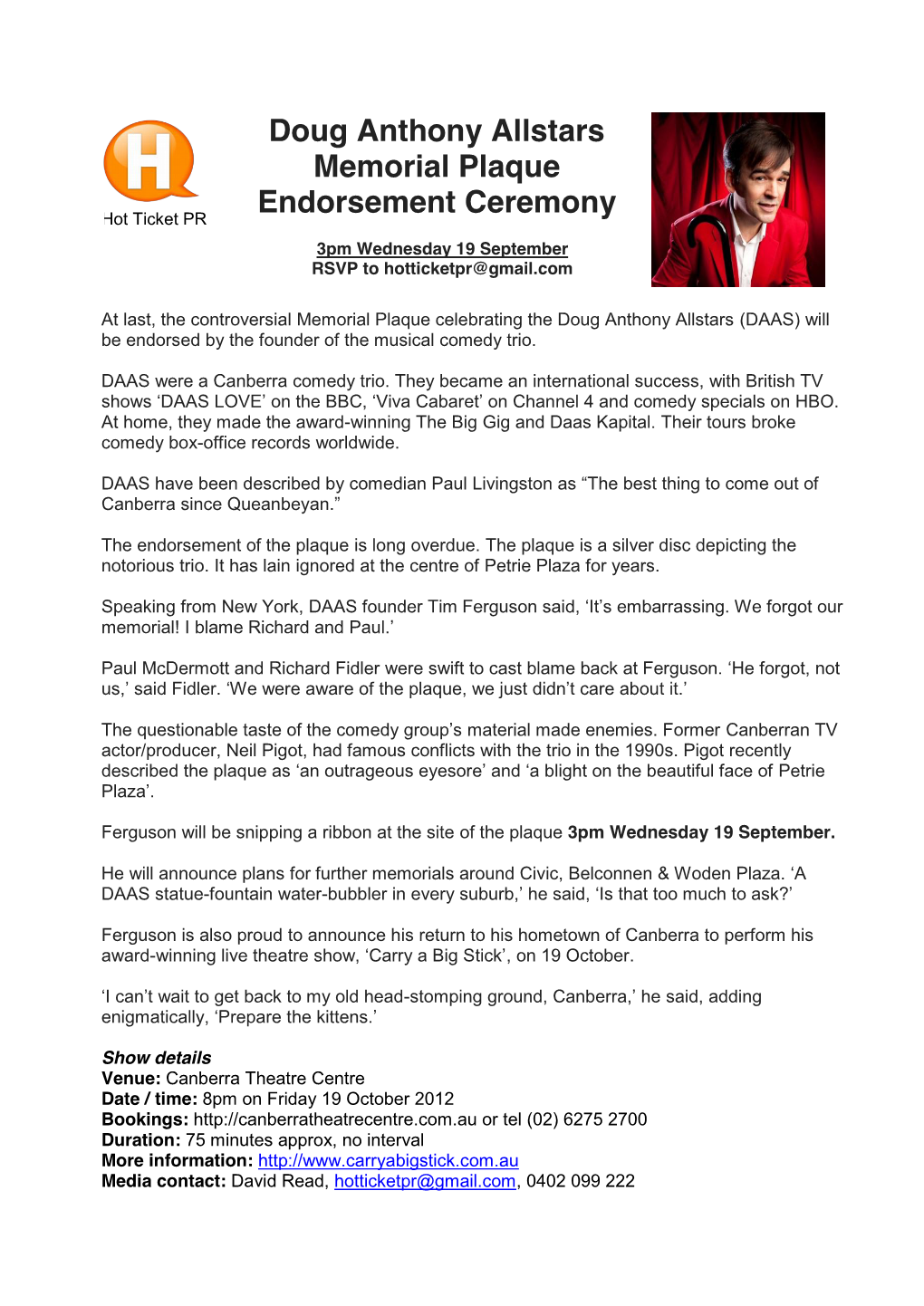 Doug Anthony Allstars Memorial Plaque Endorsement Ceremony Hot Ticket PR