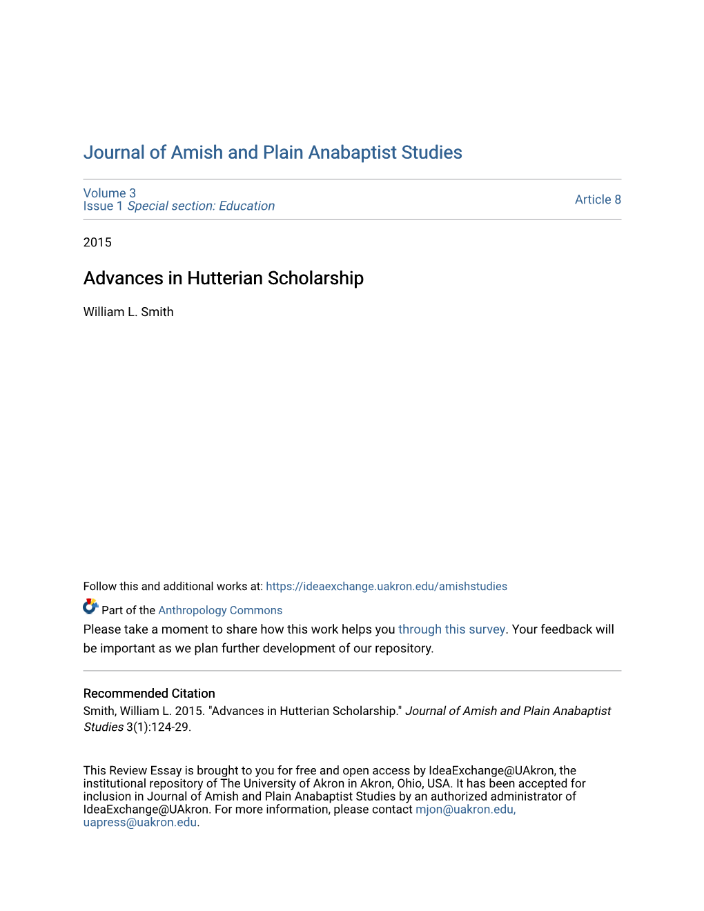 Advances in Hutterian Scholarship