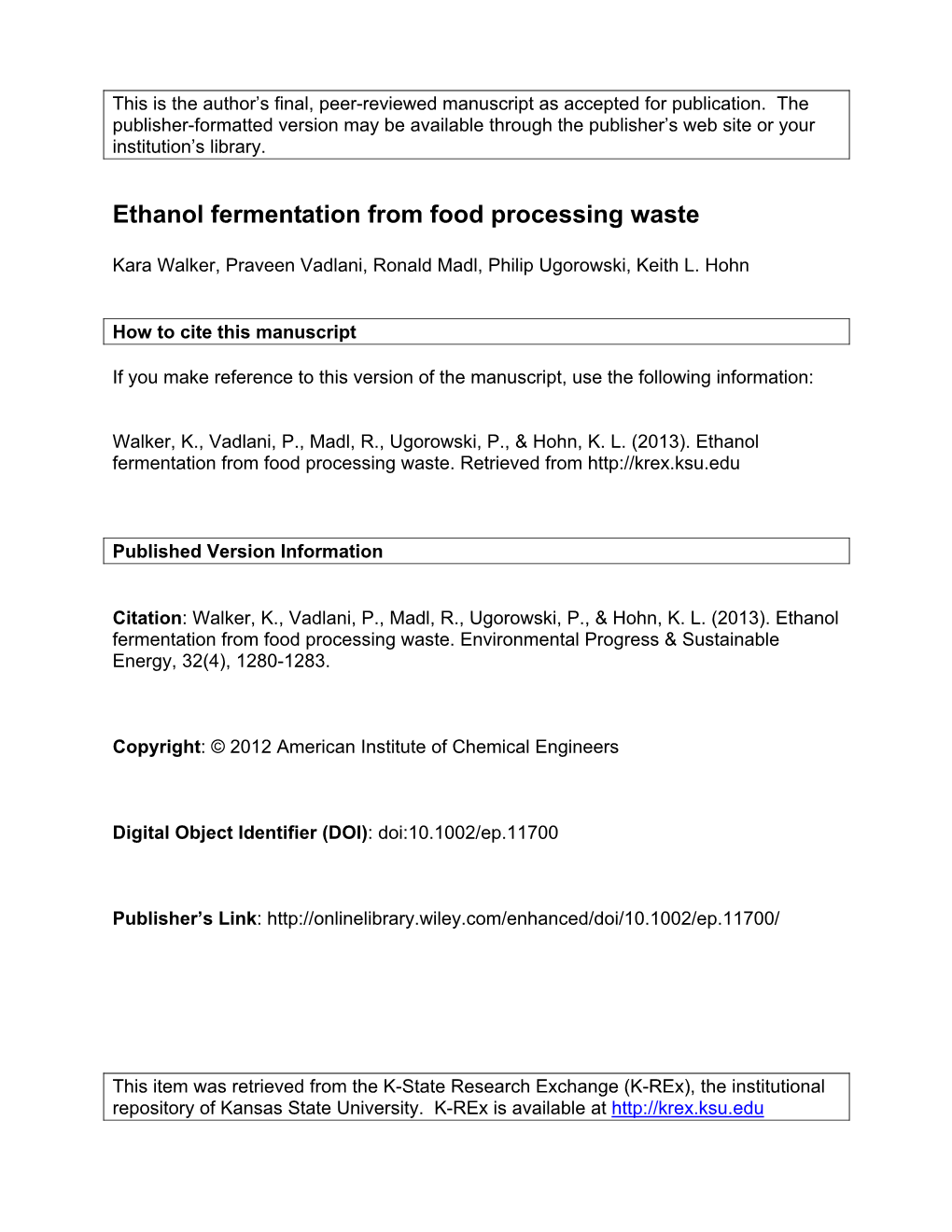 Ethanol Fermentation from Food Processing Waste