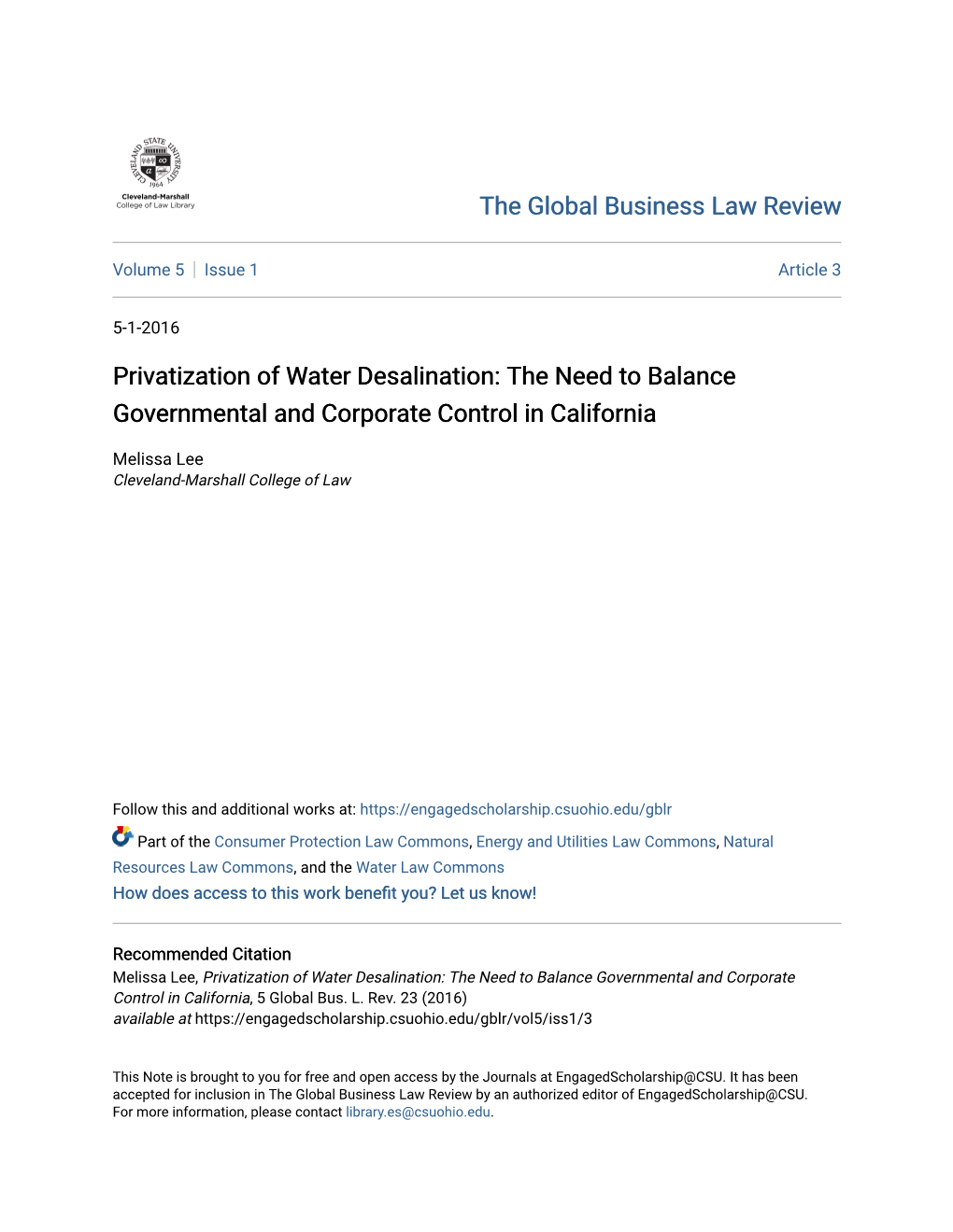 Privatization of Water Desalination: the Need to Balance Governmental and Corporate Control in California