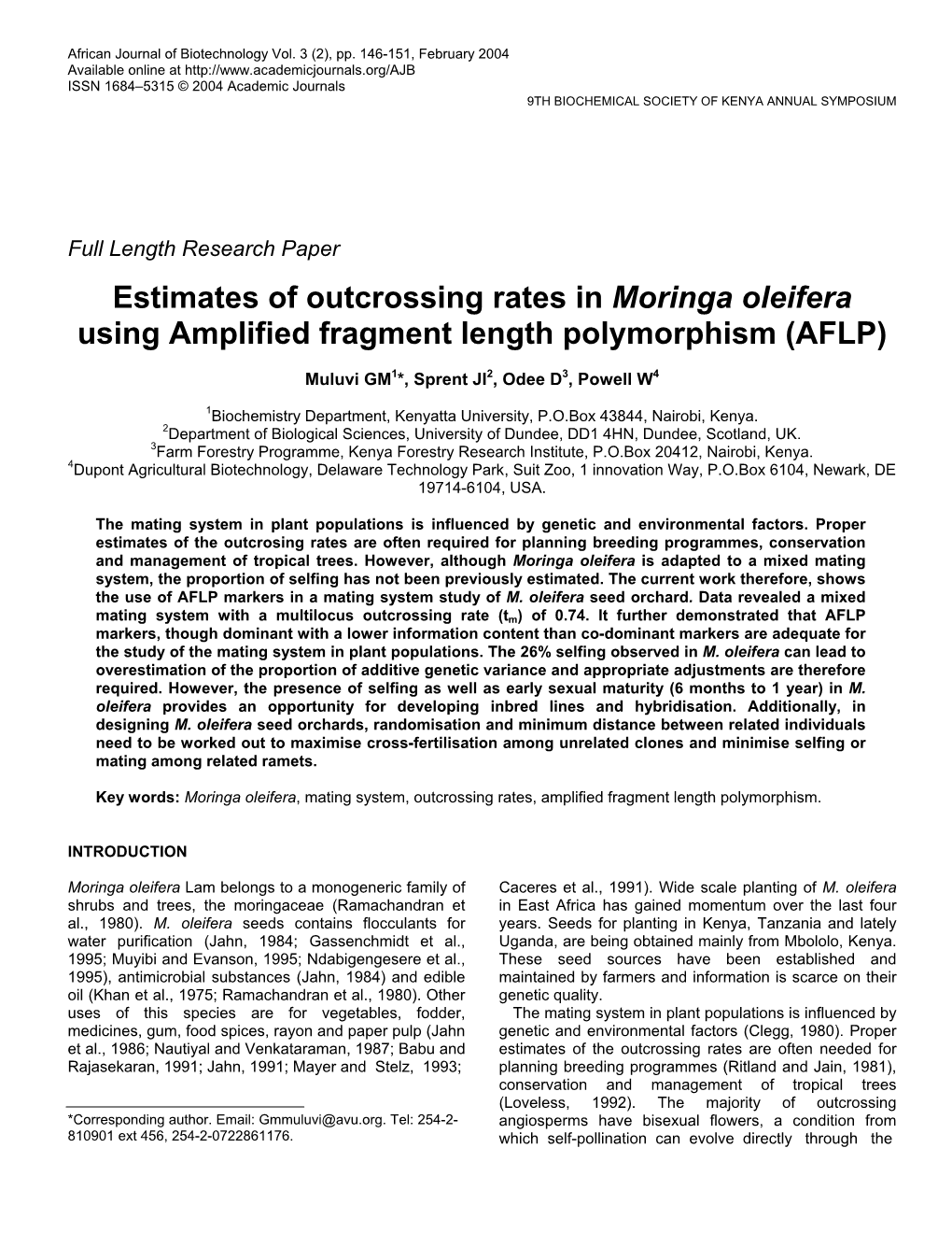 Estimates of Outcrossing Rates in Moringa Oleifera Using Amplified Fragment Length Polymorphism (AFLP)