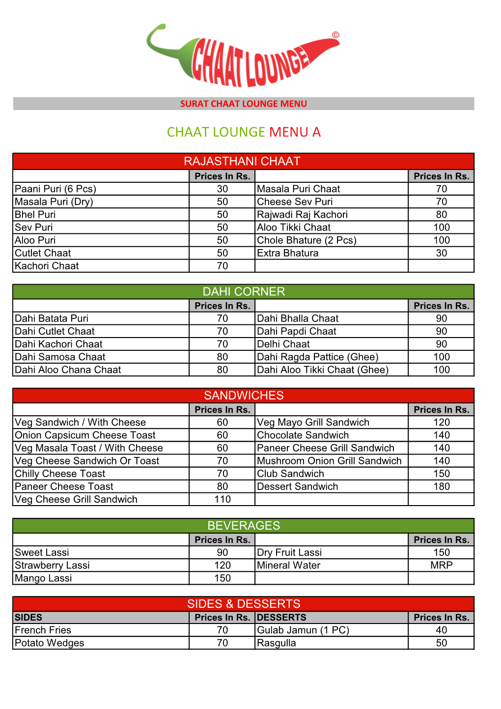 Chaat Lounge Menu A