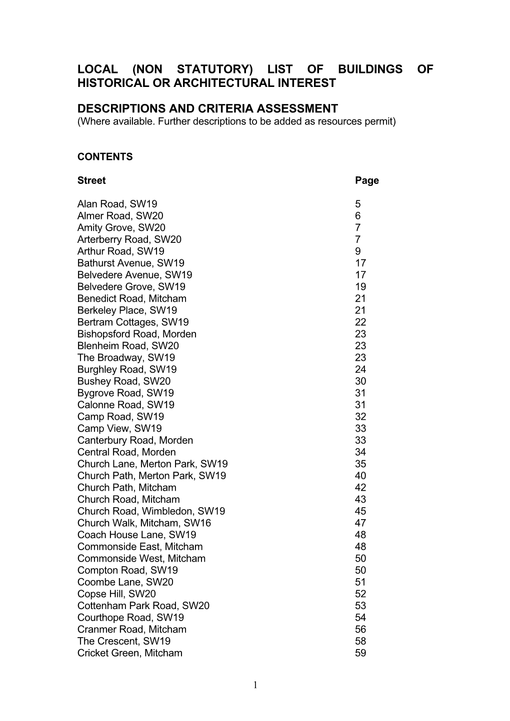 Local (Non Statutory) List of Buildings of Historical Or Architectural Interest Descriptions and Criteria Assessment