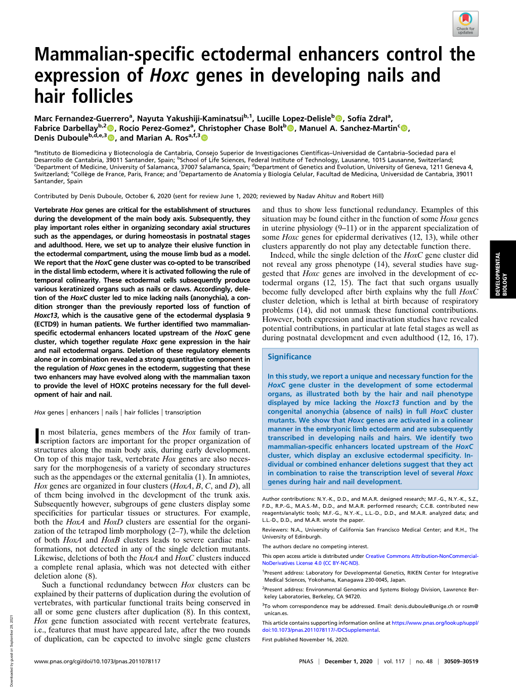 Mammalian-Specific Ectodermal Enhancers Control the Expression of Hoxc Genes in Developing Nails and Hair Follicles