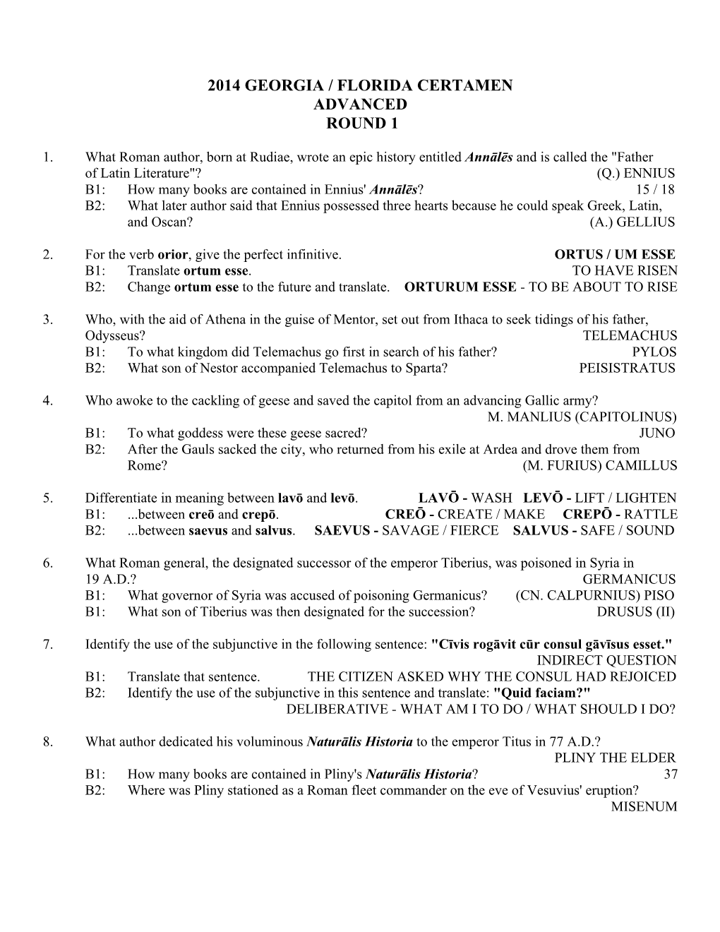 2014 Georgia / Florida Certamen Advanced Round 1