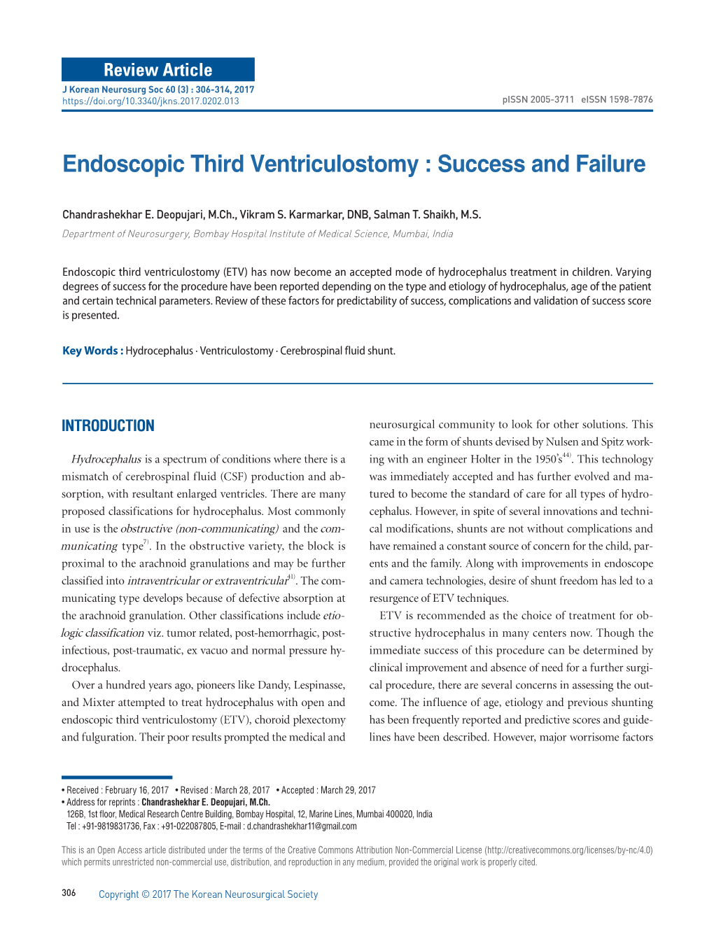 Endoscopic Third Ventriculostomy : Success and Failure