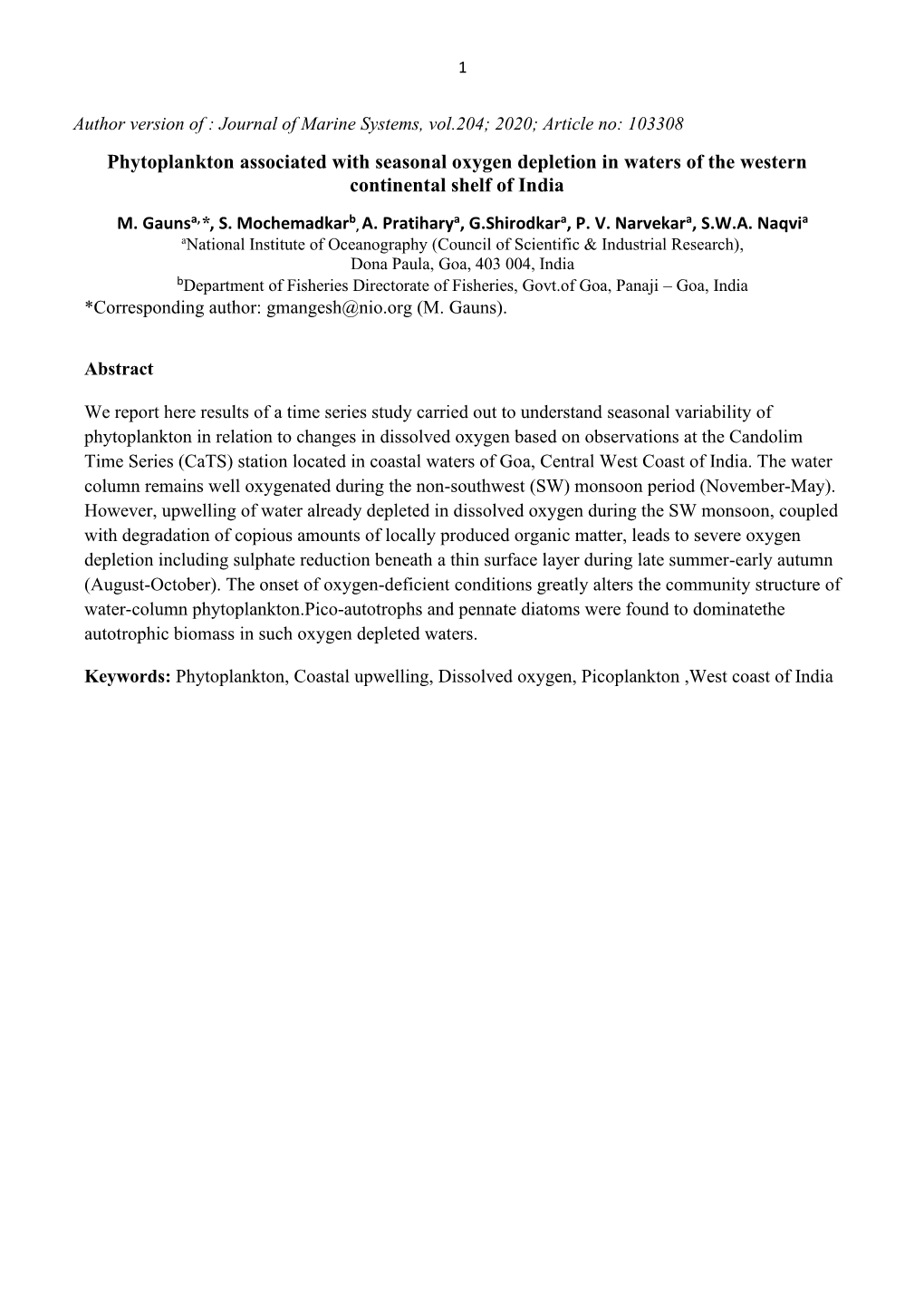 Phytoplankton Associated with Seasonal Oxygen Depletion in Waters of the Western Continental Shelf of India