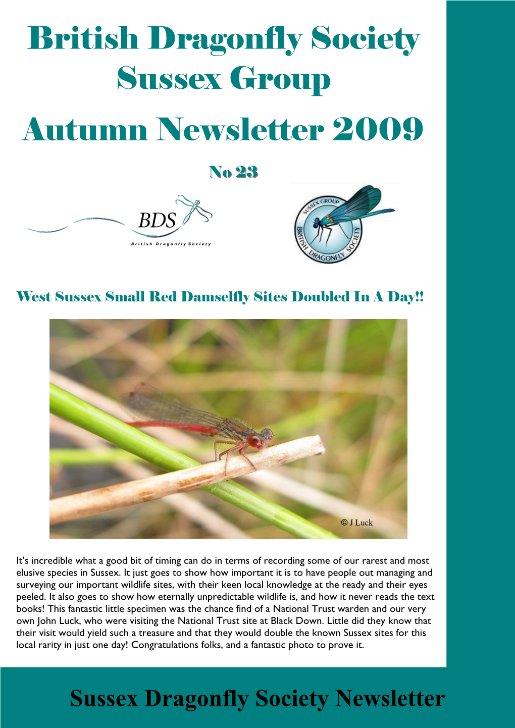 British Dragonfly Society Sussex Group Autumn Newsletter 2009