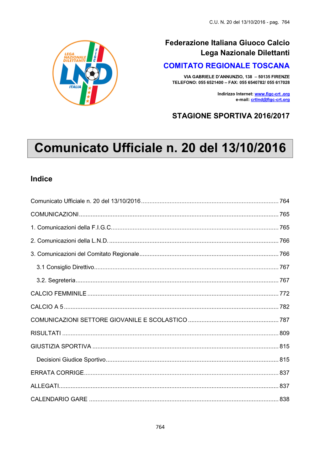 Comunicato Ufficiale N. 20 Del 13/10/2016