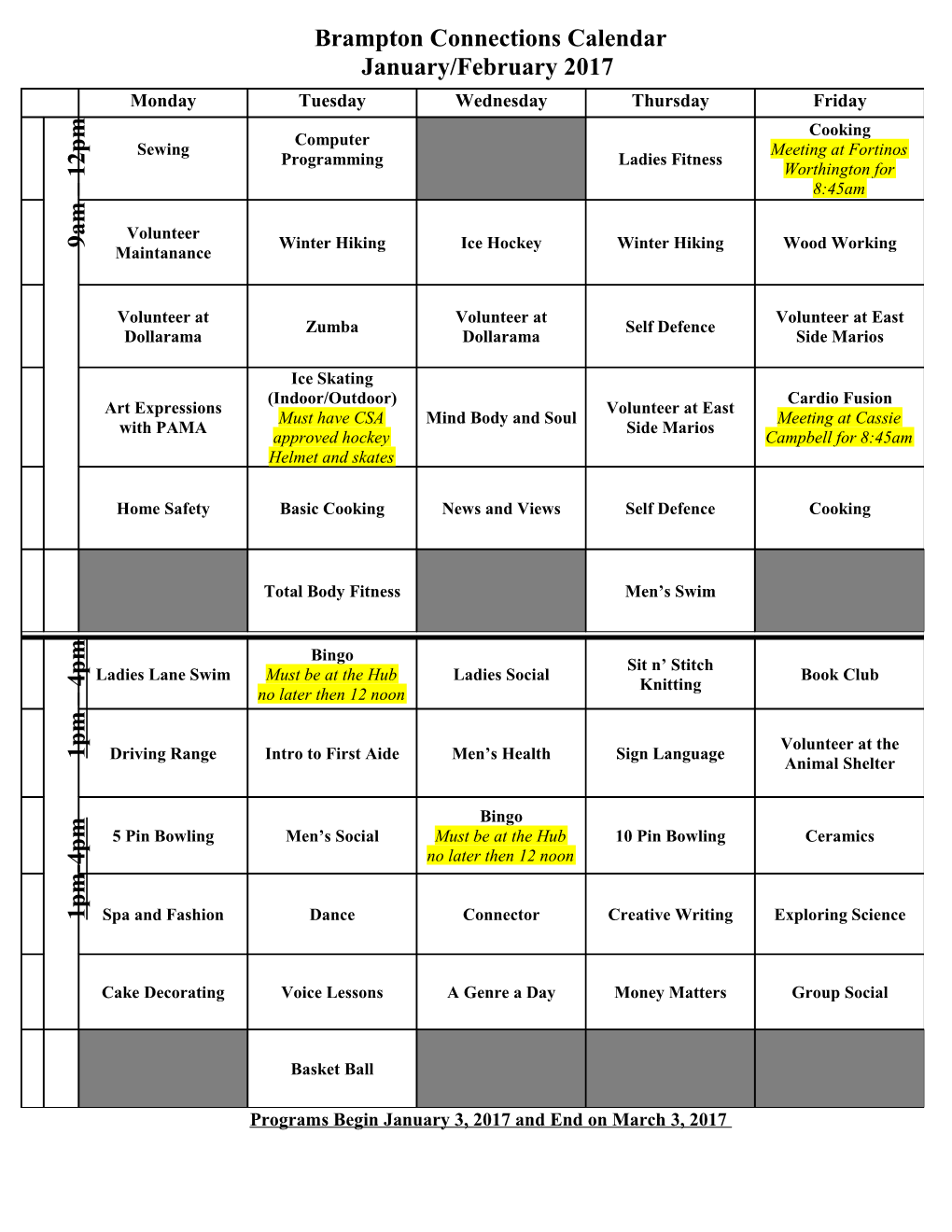 Brampton Connections Calendar