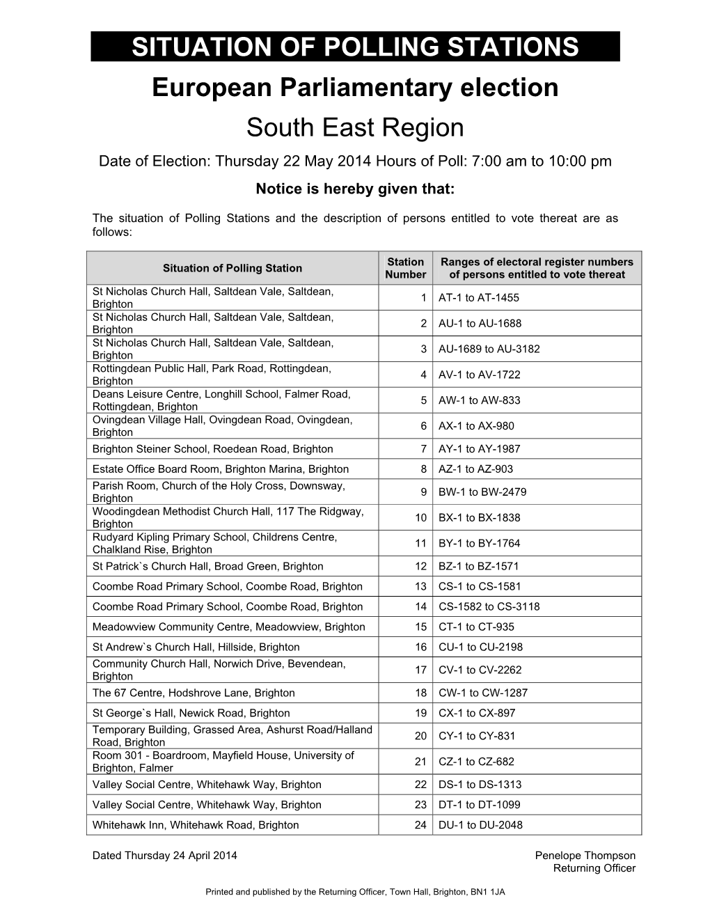 SITUATION of POLLING STATIONS European Parliamentary Election South East Region