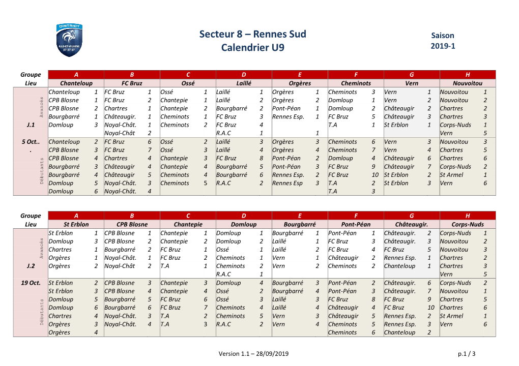 Secteur 8 – Rennes Sud Calendrier U9