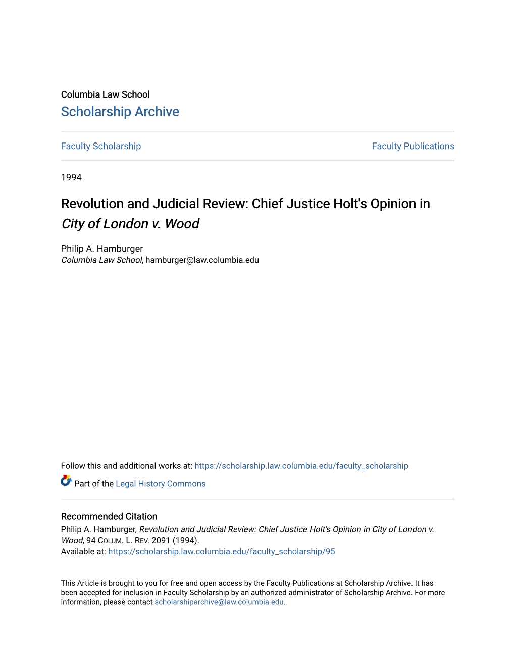 Revolution and Judicial Review: Chief Justice Holt's Opinion in City of London V