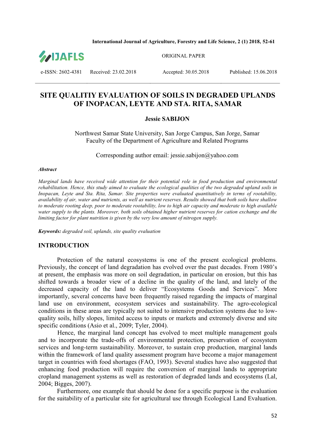 Site Qualitiy Evaluation of Soils in Degraded Uplands of Inopacan, Leyte and Sta