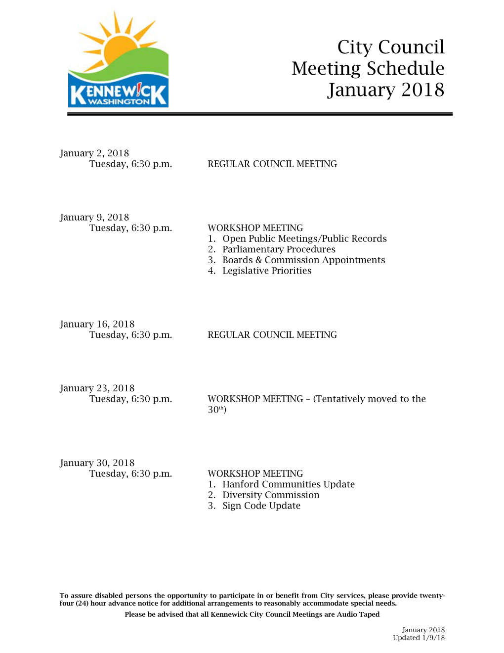 City Council Meeting Schedule January 2018