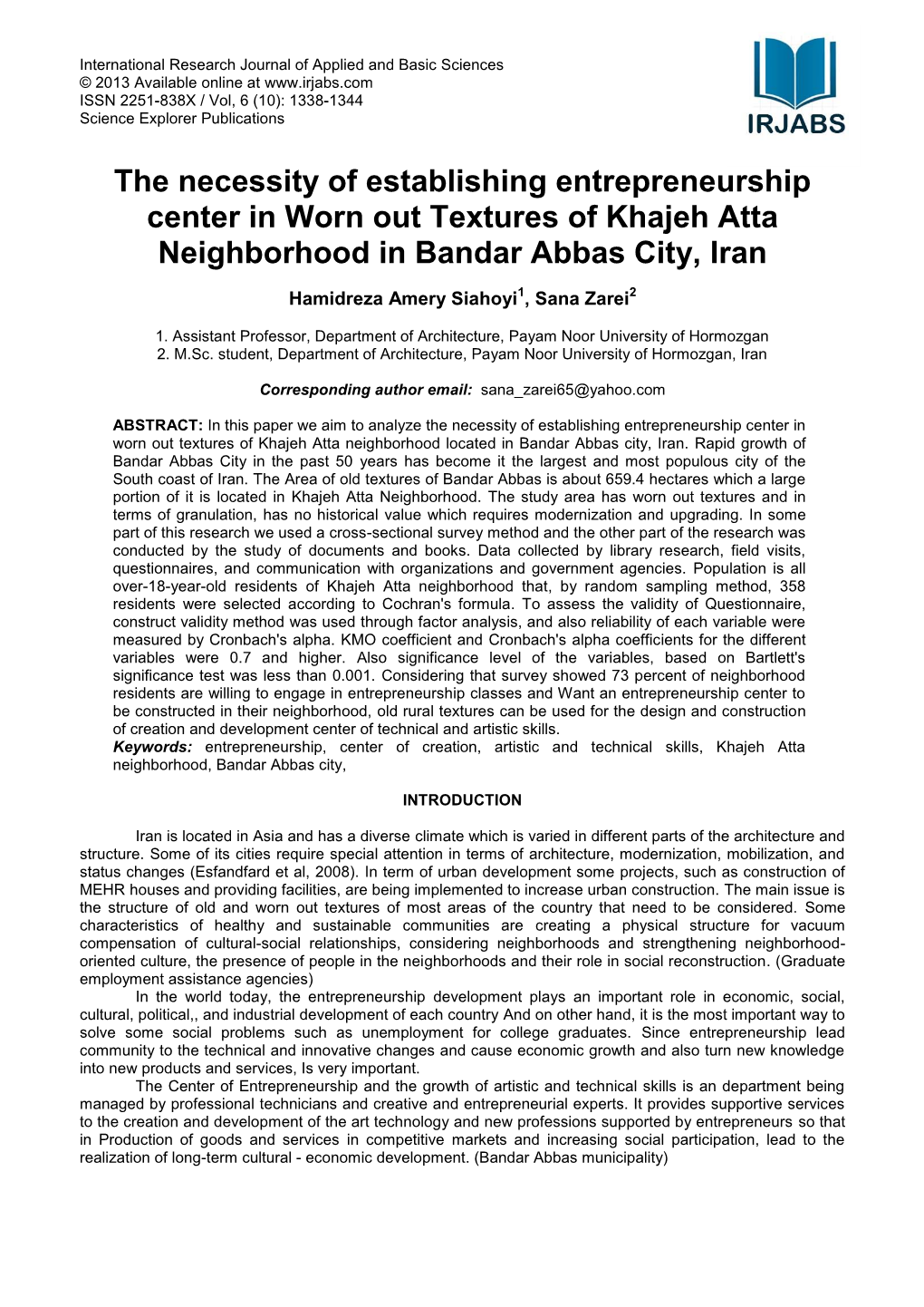 The Necessity of Establishing Entrepreneurship Center in Worn out Textures of Khajeh Atta Neighborhood in Bandar Abbas City, Iran