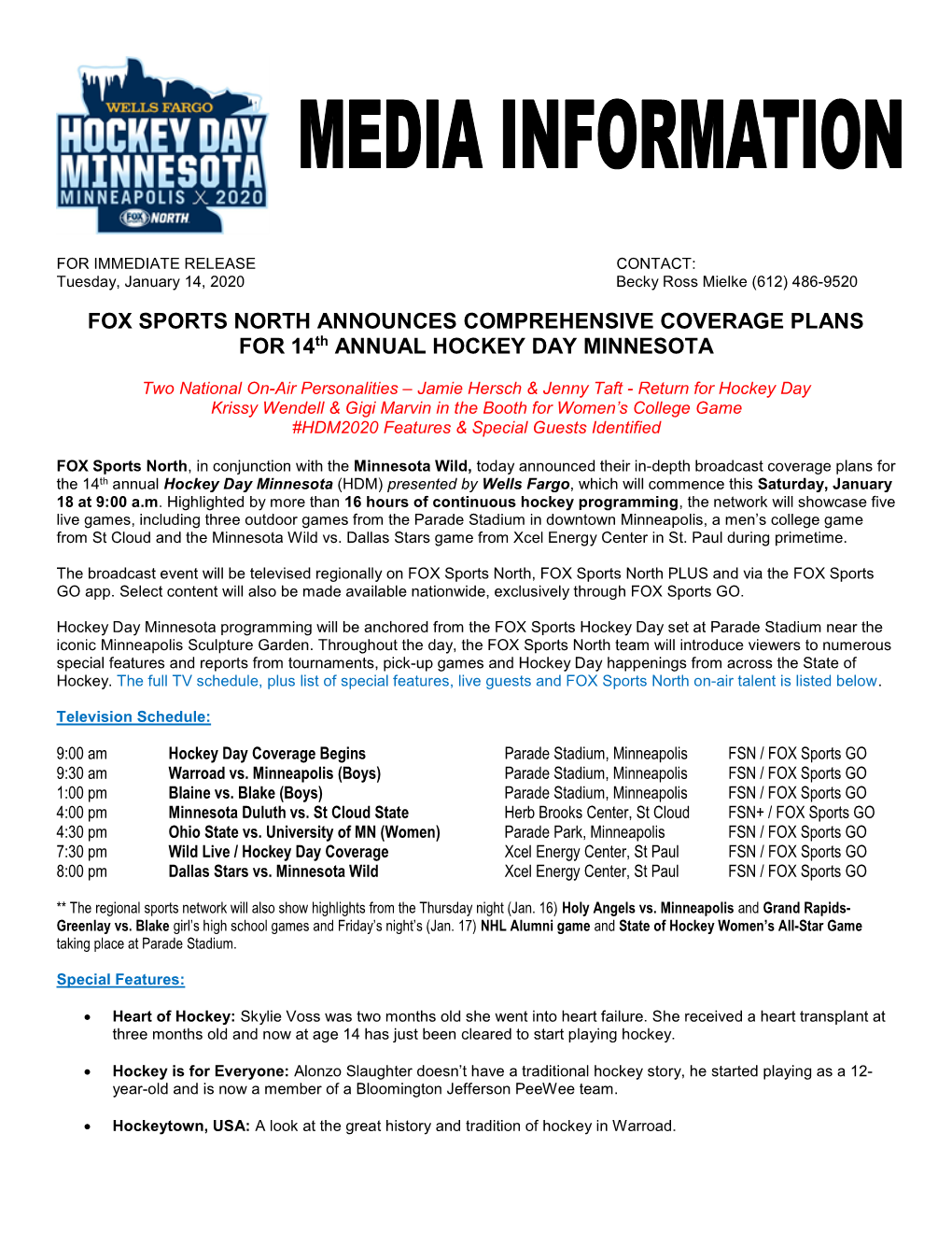 FOX SPORTS NORTH ANNOUNCES COMPREHENSIVE COVERAGE PLANS for 14Th ANNUAL HOCKEY DAY MINNESOTA