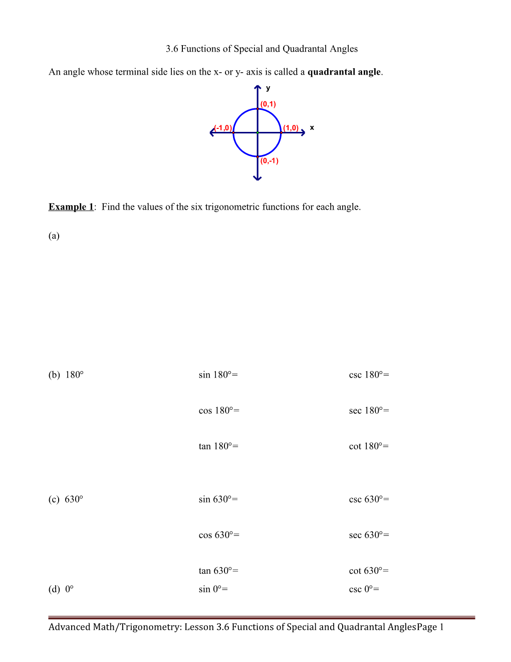 3.6 Functions of Special and Quadrantal Angles