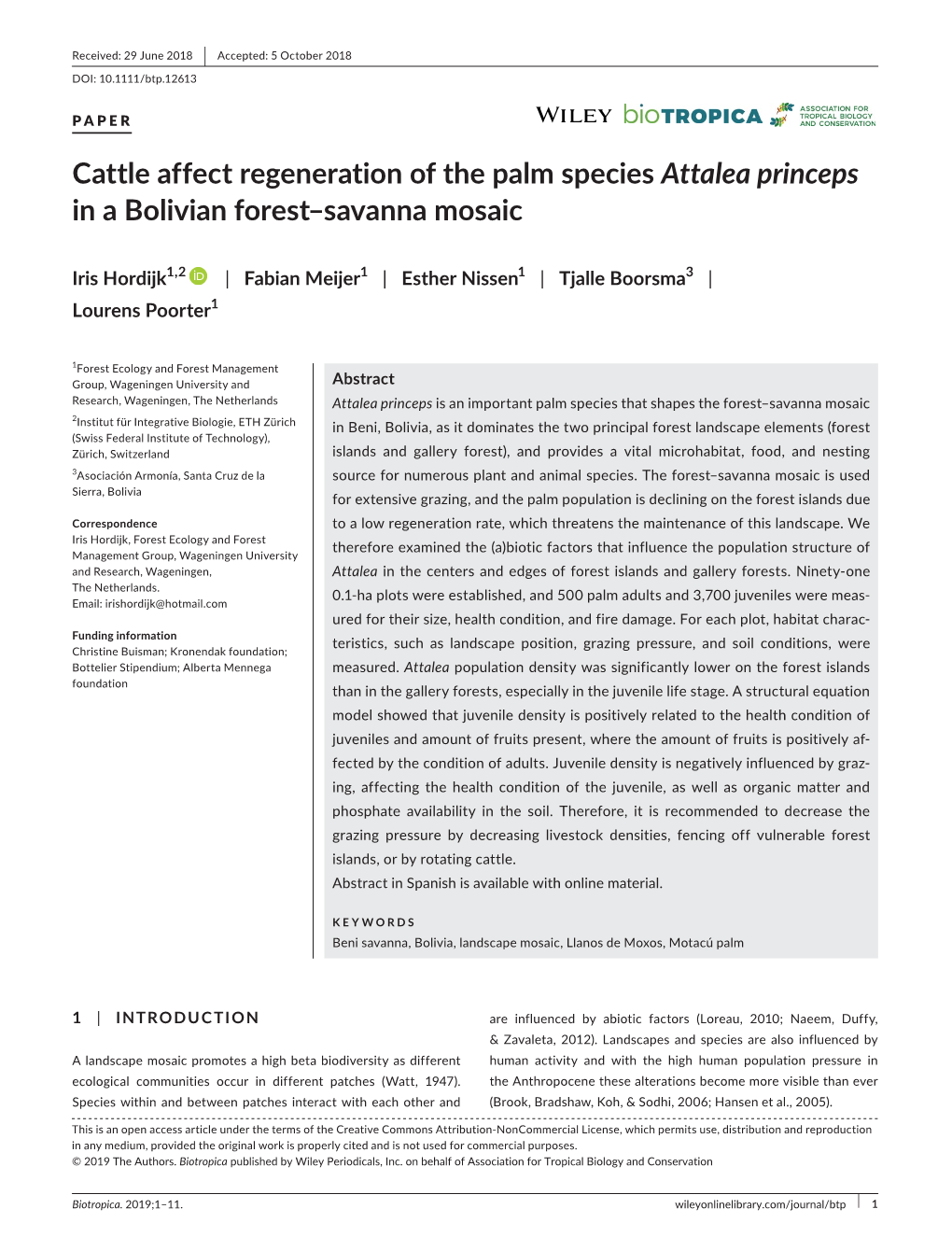 Cattle Affect Regeneration of the Palm Species Attalea Princeps in a Bolivian Forest–Savanna Mosaic