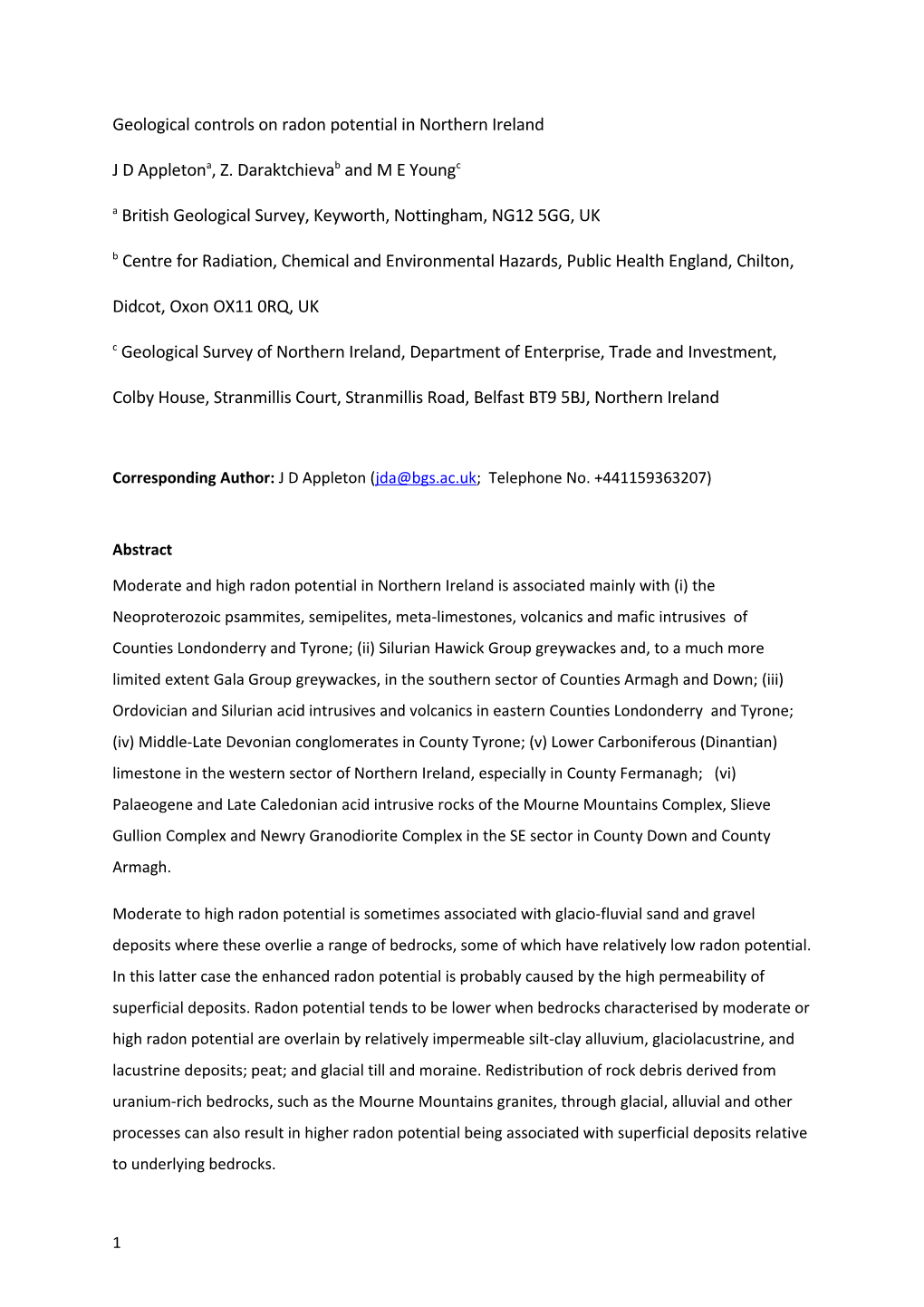 Appleton Et Al Radon Potential and Geology in Northern Ireland Revised June 2014 ACCEPTED VERSION.Pdf