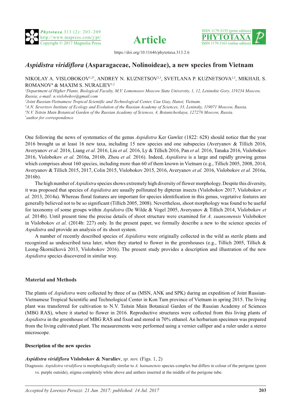 Aspidistra Viridiflora (Asparagaceae, Nolinoideae), a New Species from Vietnam