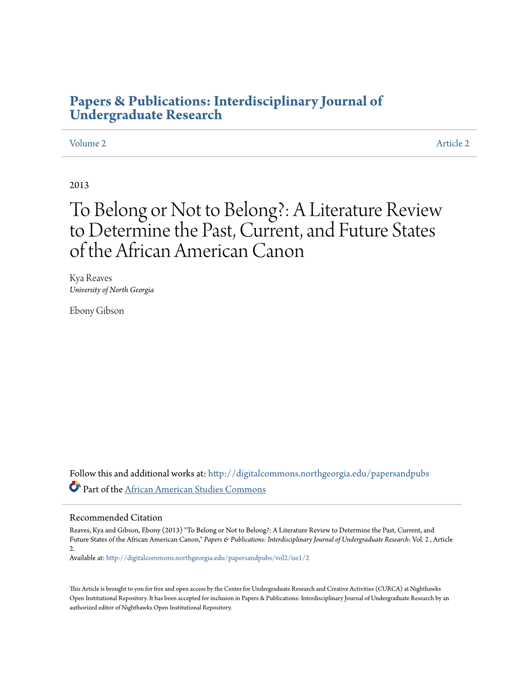 To Belong Or Not to Belong?: a Literature Review to Determine the Past, Current, and Future States of the African American Canon