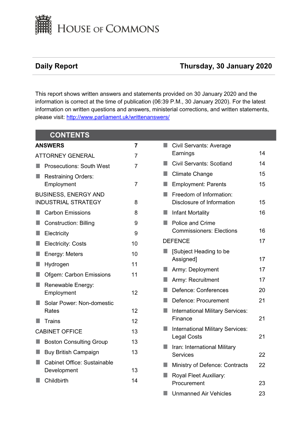 Daily Report Thursday, 30 January 2020 CONTENTS