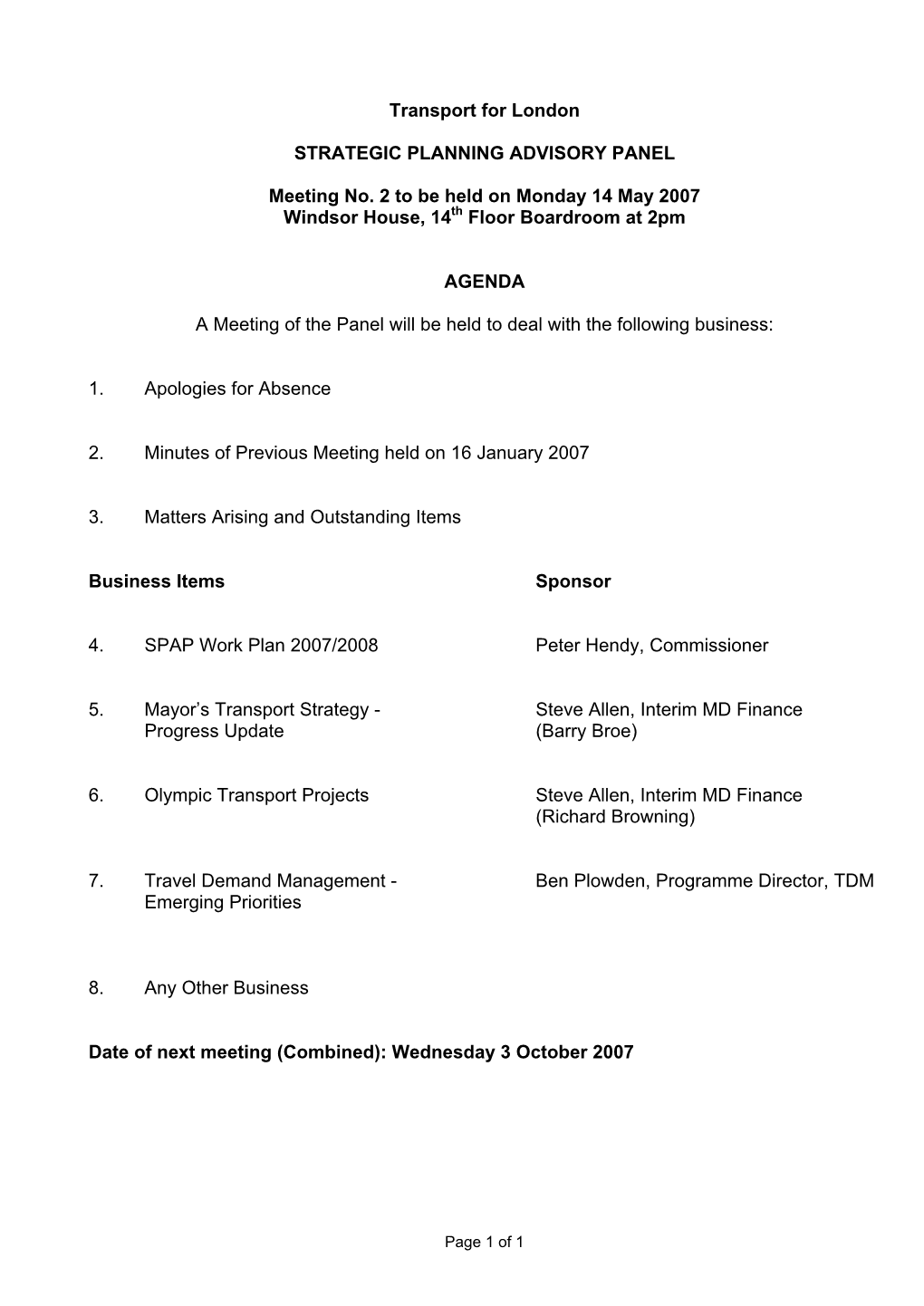 STRATEGIC PLANNING ADVISORY PANEL AGENDA and Papers