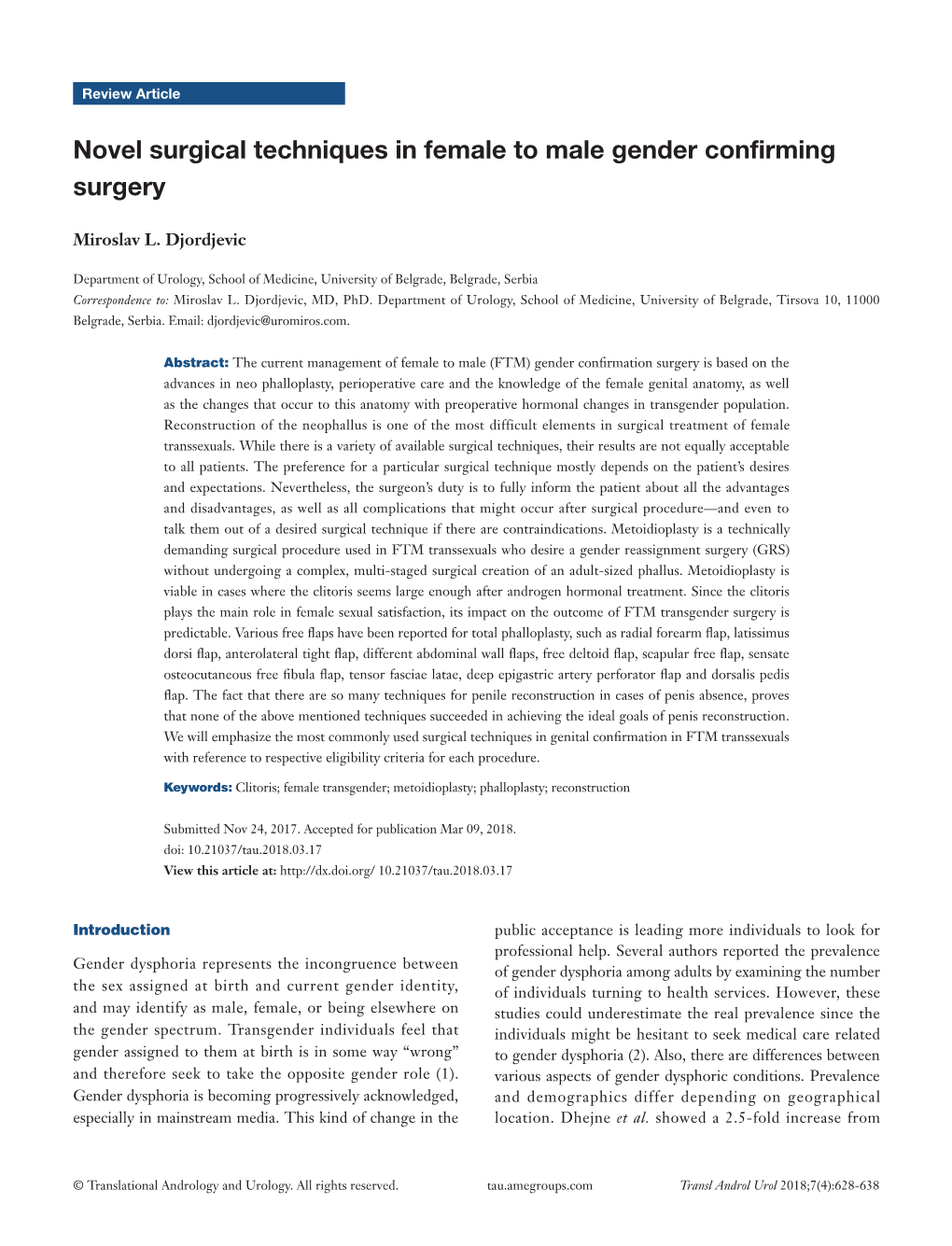 Novel Surgical Techniques in Female to Male Gender Confirming Surgery