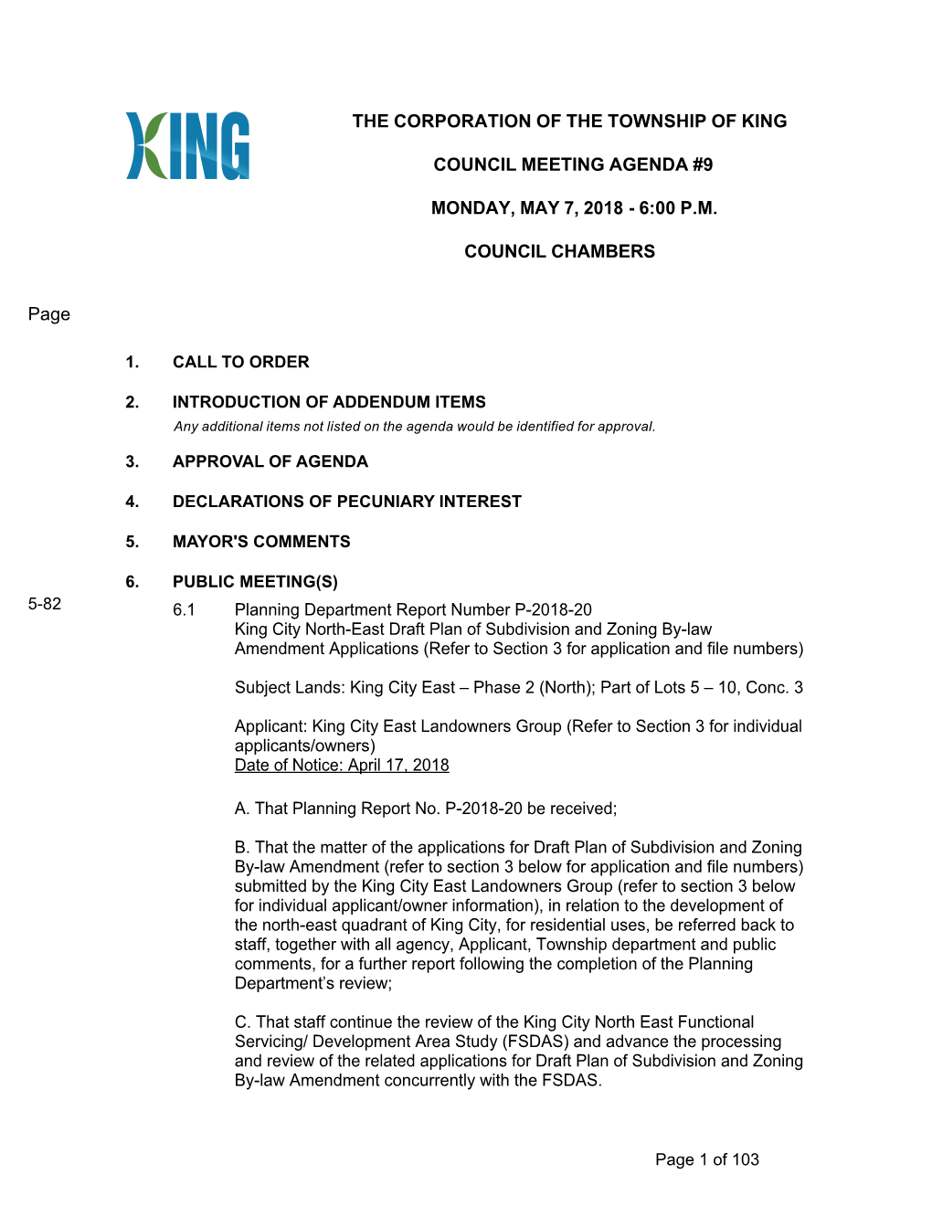 The Corporation of the Township of King Council Meeting Agenda #9 Monday, May 7, 2018