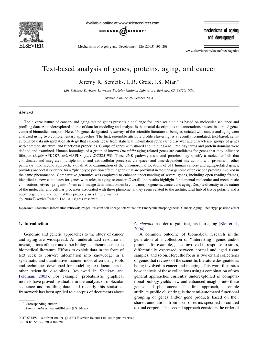 Text-Based Analysis of Genes, Proteins, Aging, and Cancer