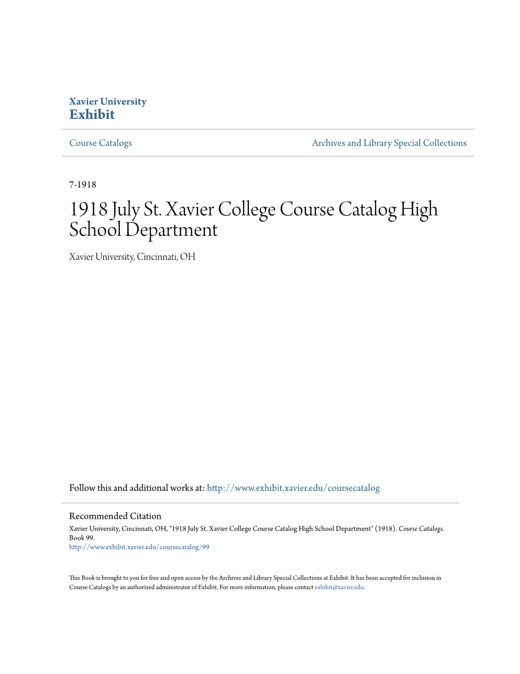 1918 July St. Xavier College Course Catalog High School Department Xavier University, Cincinnati, OH