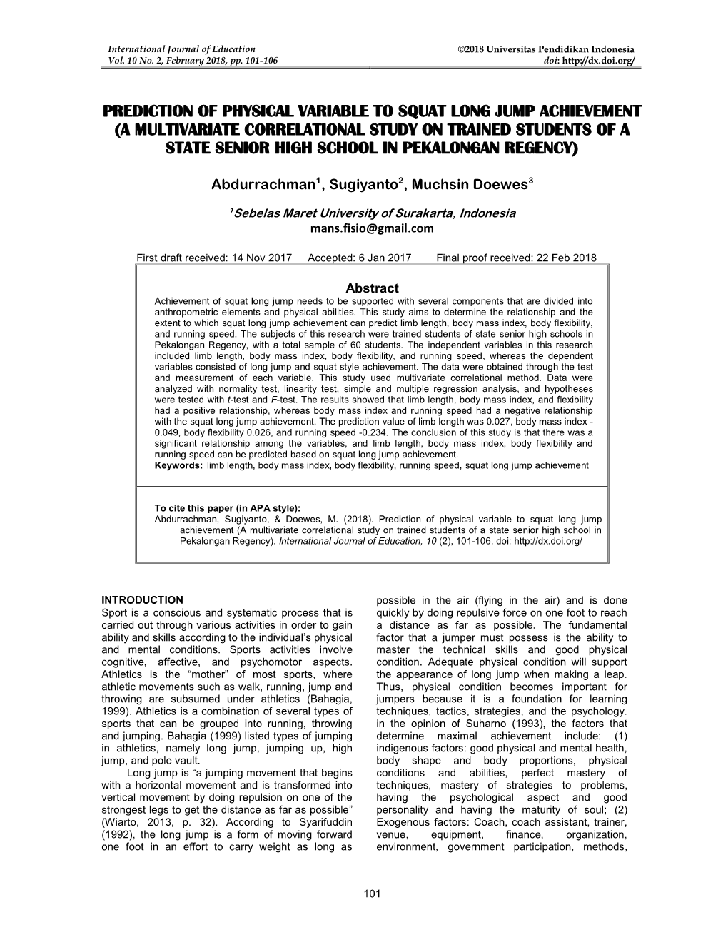 Prediction of Physical Variable to Squat Long Jump Achievement