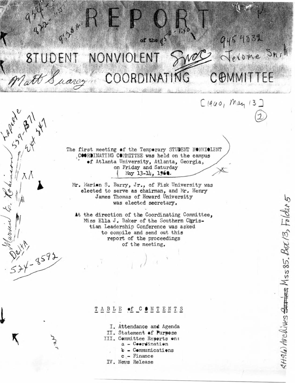 Report of the Student Nonviolent Coordinating Committee, May, 1960