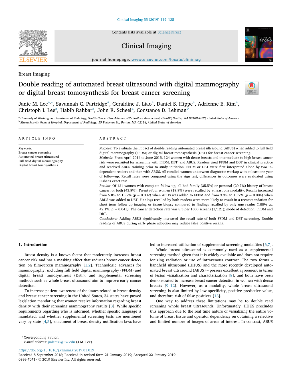 Double Reading of Automated Breast Ultrasound with Digital Mammography Or Digital Breast Tomosynthesis for Breast Cancer Screening T ⁎ Janie M