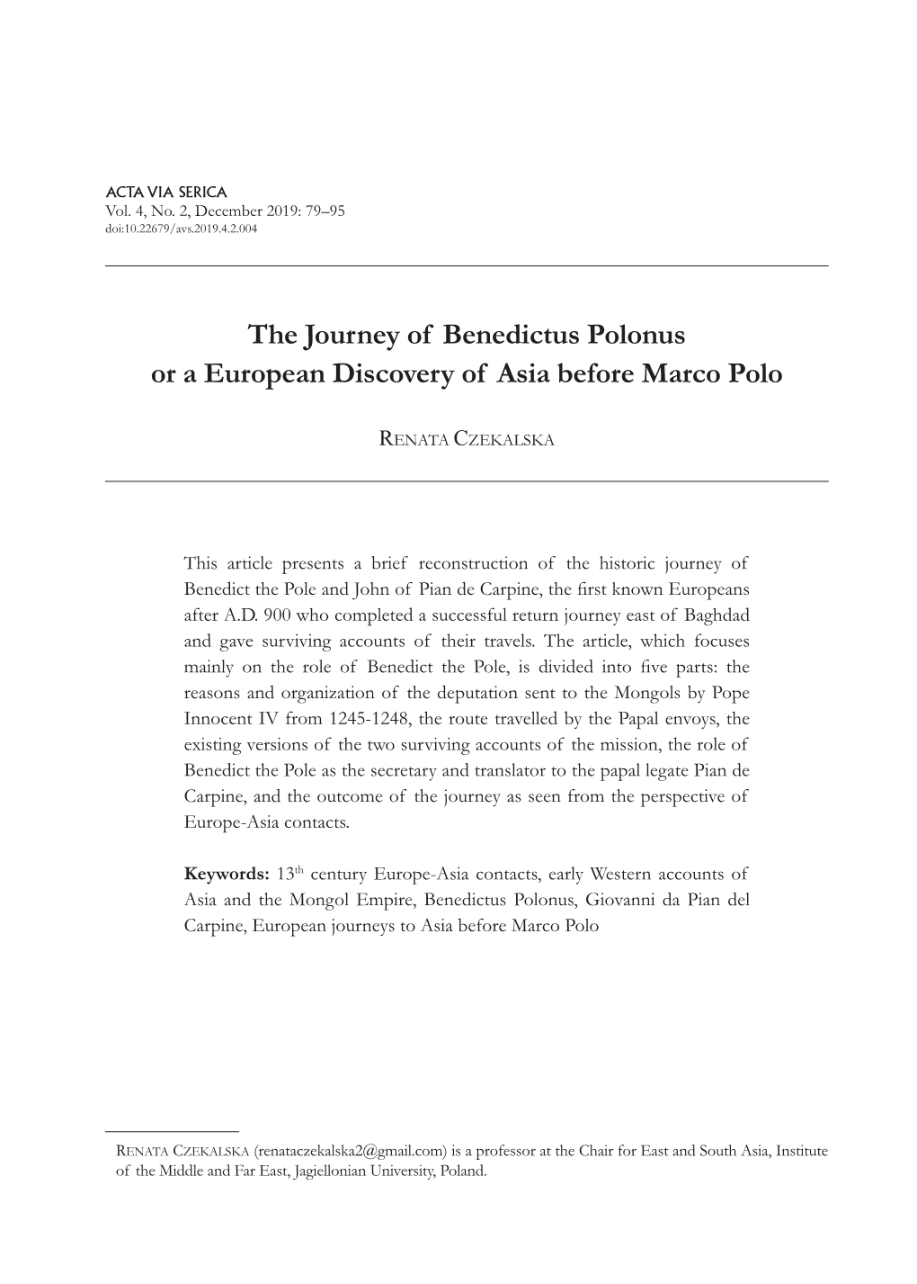 The Journey of Benedictus Polonus Or a European Discovery of Asia Before Marco Polo
