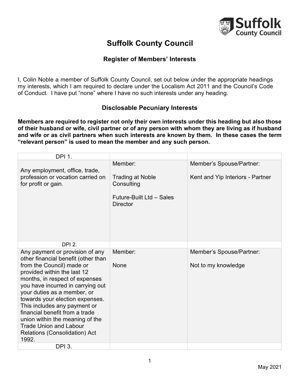 Suffolk County Council Register of Members' Interests Disclosable