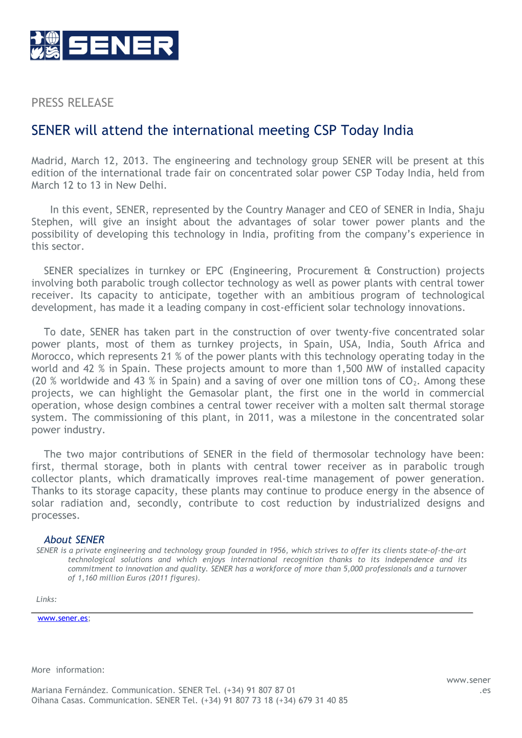 SENER Will Attend the International Meeting CSP Today India