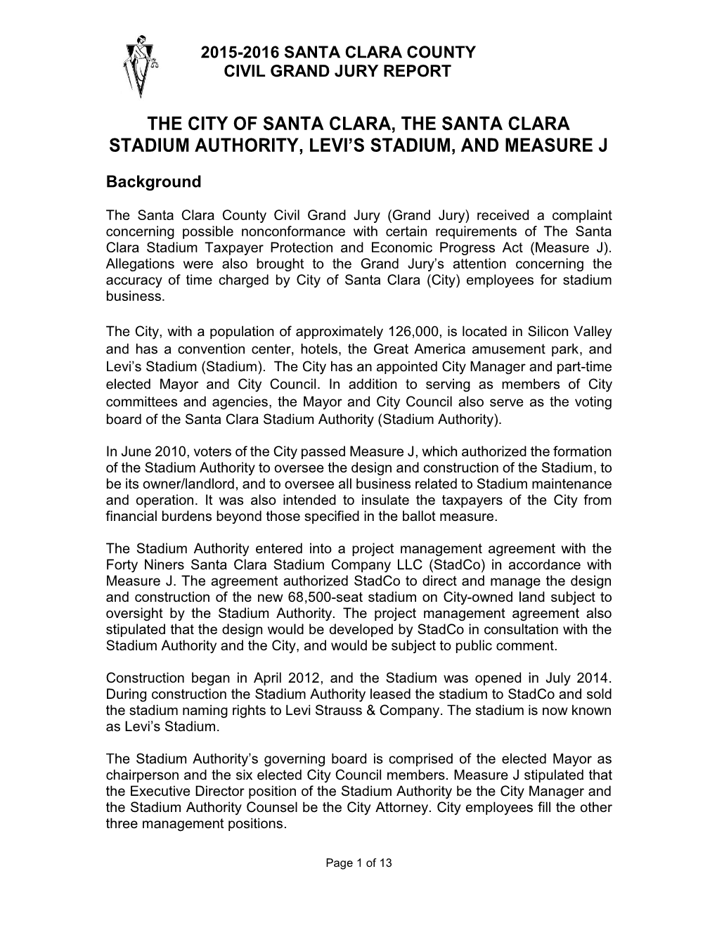 The City of Santa Clara, the Santa Clara Stadium Authority, Levi's Stadium