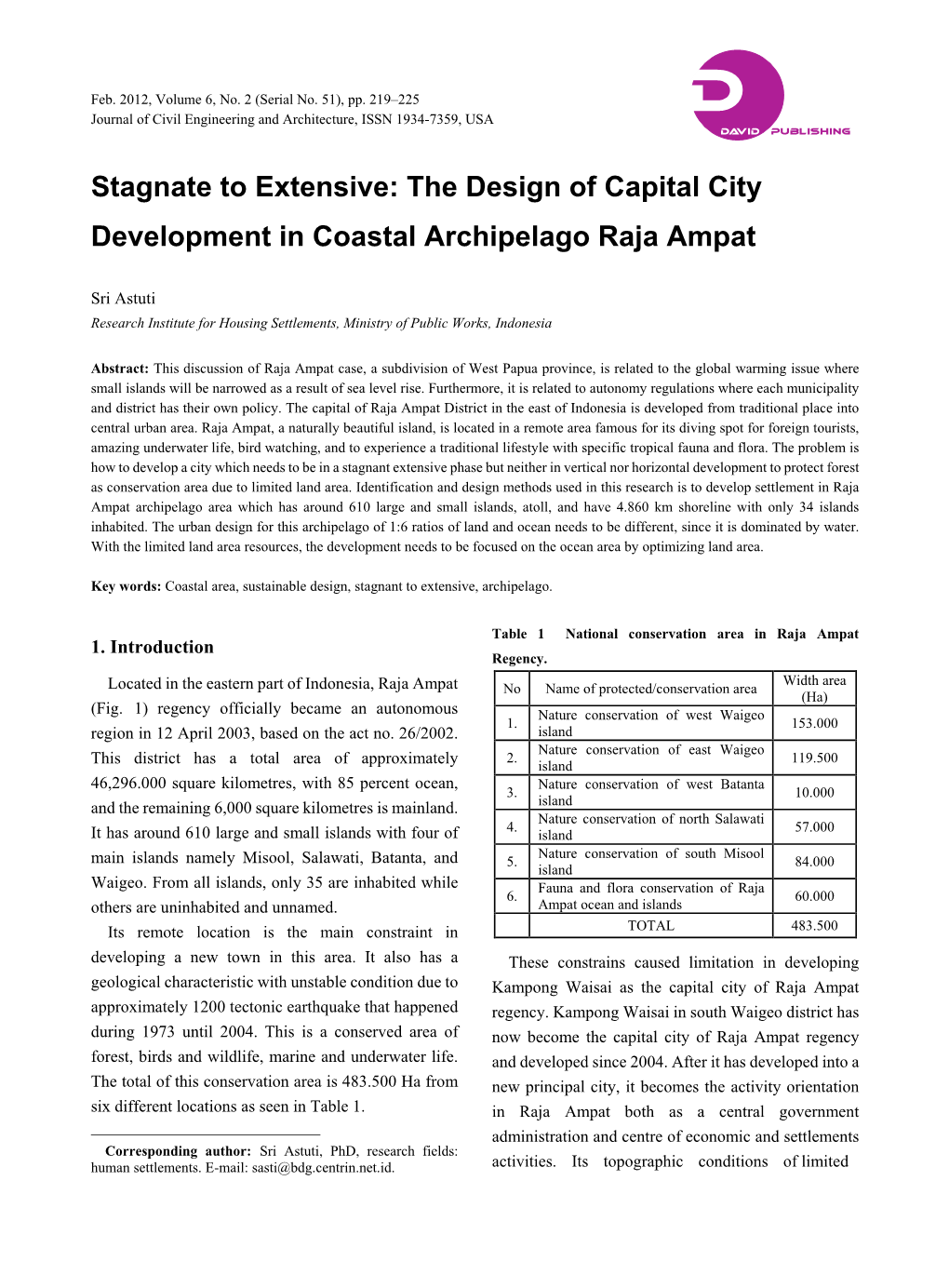 Stagnate to Extensive: the Design of Capital City Development in Coastal Archipelago Raja Ampat