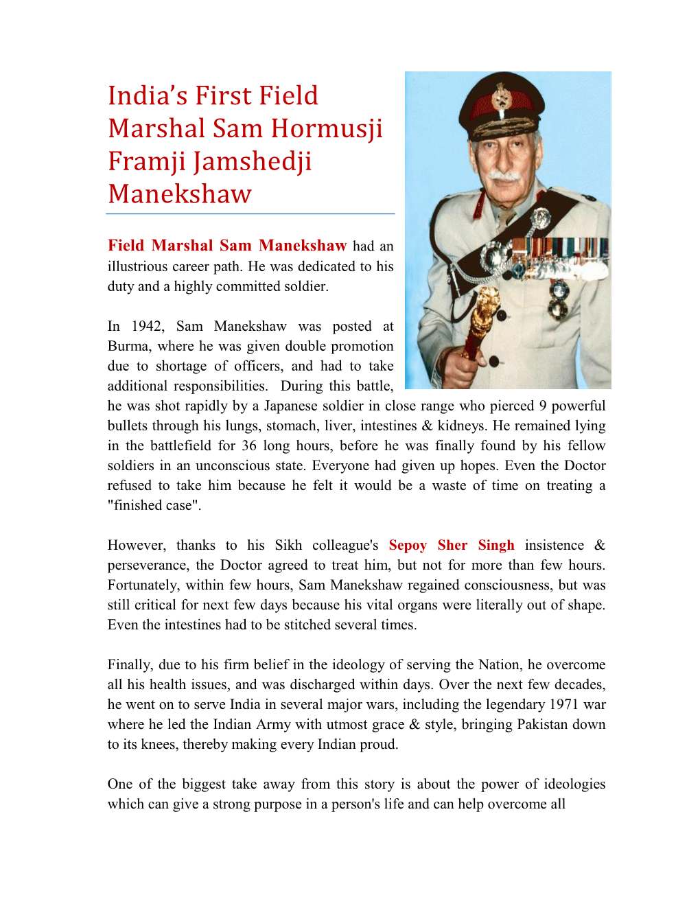 India's First Field Marshal Sam Hormusji Framji Jamshedji